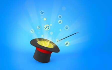 Magician hat. Discounts, sale. Light rays from a black top hat with a red ribbon and a magic wand. Blue background. 3d render.の写真素材