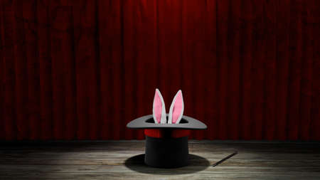 Magician hat. Rabbit ears stick out with a black top hat with a red ribbon and a magic wand. Red curtain with wooden floor. 3d render.の写真素材