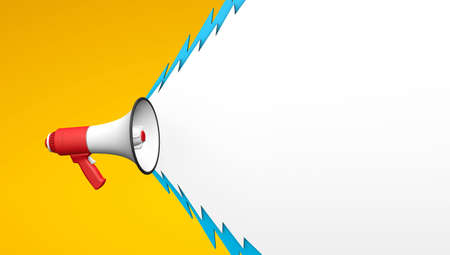 Shout from a megaphone in the form of lightning. Red megaphone on a yellow background. Template with copy space for text for design. 3d renderの写真素材