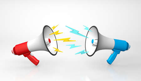 The concept of a quarrel or shout at each other. The red and blue megaphone swear at each other. 3d renderの写真素材