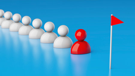 The leader leads the team to the goal. The crowd of the employee follows the chief to the flag. 3d...