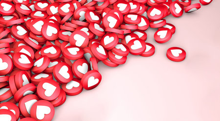 Many likes close up texture of hearts on a pink background. Copy space for text. 3d render