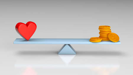 Scales balance money or heart. Health or money concept, relationship for money. 3d renderの写真素材