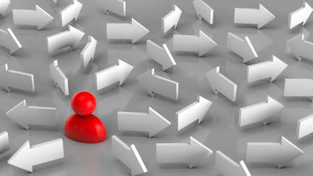 The choice of the direction of movement to the target. Different directions are indicated by arrows. The businessman makes a choice. 3d renderの写真素材