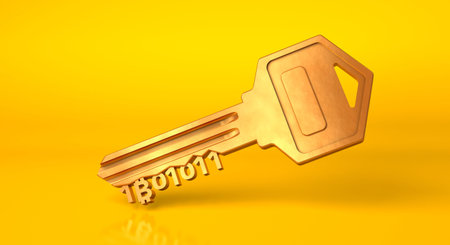 Bitcoin key. Golden key from cryptocurrency on a yellow background. 3d render