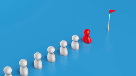 The leader leads the team to the goal. The crowd of the employee follows the chief to the flag. 3d renderの写真素材
