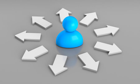 Businessman moving direction. Businessman and arrows in different directions. 3d renderの写真素材