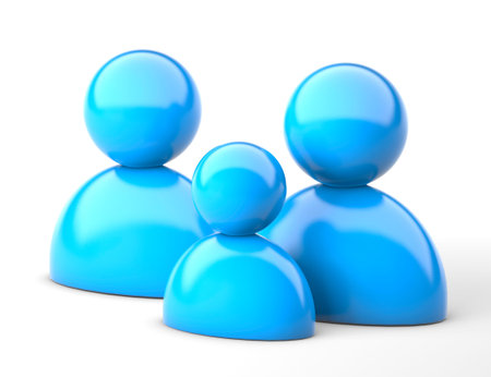 Family icon in blue. Father, mother and child. 3d render