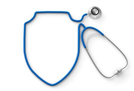 Shield shaped stethoscope, medical insurance. isolated on white background. 3d renderの写真素材