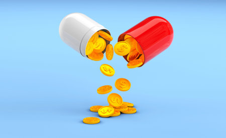 The capsule pill is opened in half and golden dollar coins are poured out on a blue background. Concept of profitable medicine, expensive health insurance and treatment. 3d renderの写真素材