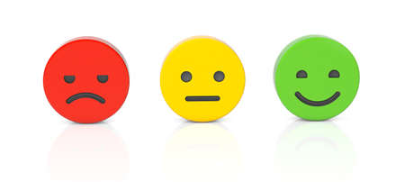 Feedback. Positive, neutral, negative feedback. A face with a smile, ordinary and angry. isolated on white background. 3d renderの写真素材