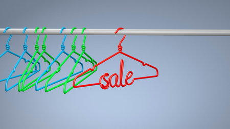 Hanger with the inscription SALE in red on a gray background. Copy space for text. 3d render.