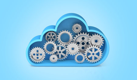 Cloud storage with gears. Technical work on the server. Blue background. 3d renderの写真素材