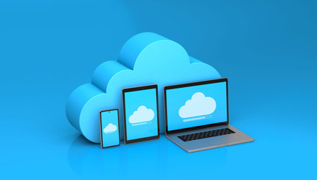 Cloud storage for phone, tablet, laptop. Blue background. 3d render