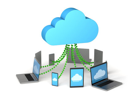 Cloud storage. Synchronization of information on your phone, tablet and laptop. isolated on white...