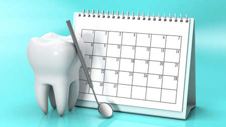 Reminder calendar for visiting the dentist. Dental appointment, check. Calendar with a tooth and a dental mirror on a green. 3d renderの写真素材