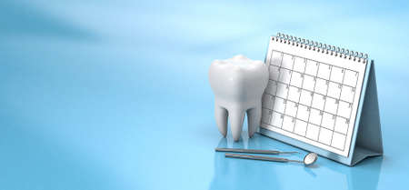Reminder calendar for visiting the dentist. Dental appointment, check. Calendar with a tooth and a dental mirror on a blue background. Copy space for text. 3d renderの写真素材