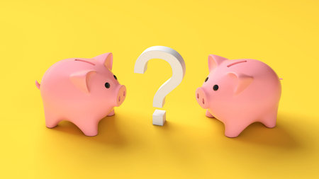 Two piggy banks and a question mark on a yellow background. Choosing where to save money in the...