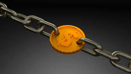 Gold coin chain link. Investments hold down money. Monetary debt is limiting. 3d renderの写真素材