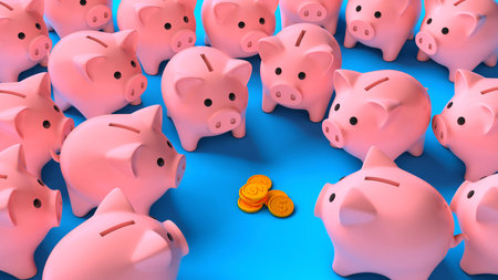 Lots of pink piggy banks around a stack of money coins on a blue background. Profit sharing. Saving income. 3d renderの写真素材