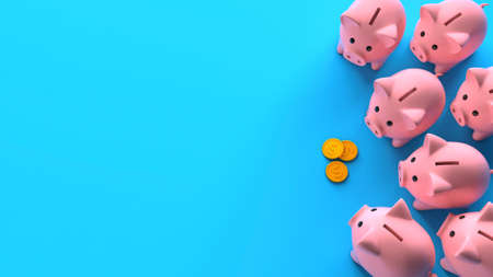 Profit sharing. Separation of attachments. Top view. Crowd of piggy banks and a stack of gold coins of money on a blue background. Copy space for text. 3d renderの写真素材