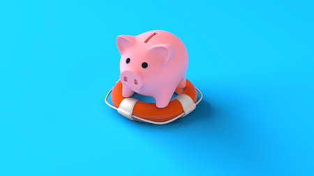 Savings insurance. Piggy bank on a lifebuoy on a blue background. Help in saving money. 3d renderの写真素材