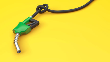 Fuel pump with hose Knot. Fuel sales limitation concept. Yellow background. Copy space for text. 3d renderの写真素材