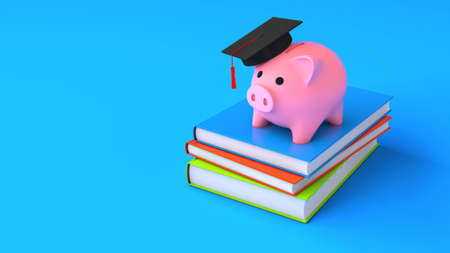 Piggy bank in a graduates hat on the books. Concept of saving for education, expensive university. 3d renderの写真素材