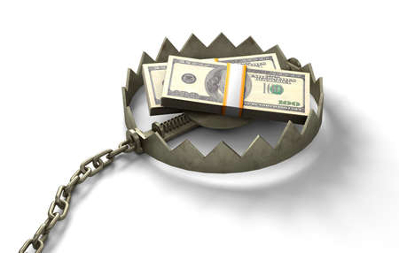Trap with money. Pile of money as bait. isolated on white background. 3d renderの写真素材