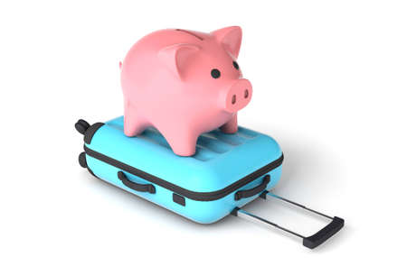 Pink piggy bank on a blue suitcase. Budget tourism. isolated on white background. 3d renderの写真素材