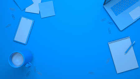 Desktop top view. Blue background laptop, cup, pencil, phone, paper clips. 3d renderの写真素材