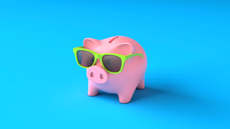 Piggy bank in sunglasses. Vacation savings. 3d renderの写真素材