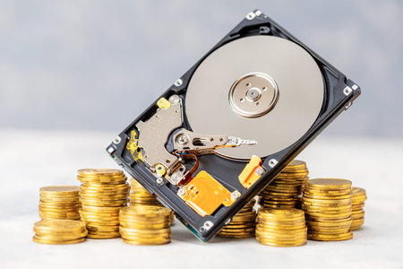 Chia cryptocurrency. Stacks of coins and hard drive