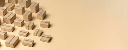 Banner cardboard boxes for delivery on brown background. Template Copy space for textの写真素材