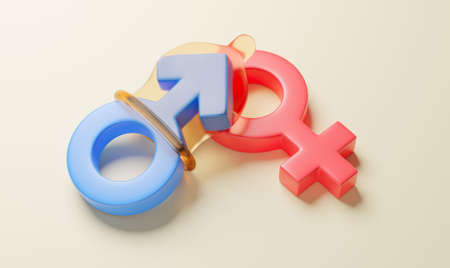 Sex condom for protection. Safe sex. Condom on the gender symbol of the man near the woman. 3d renderの写真素材
