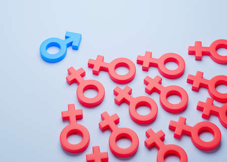 Male pheromones attract women. One man and many women, gender symbols. 3d renderの写真素材