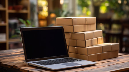 online shopping. small business. Many cardboard boxes for shipments and a laptop. Generative AI.の素材