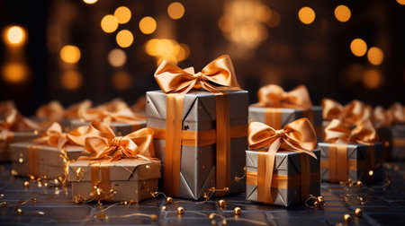 Many colorful gift boxes with bows. Generative AI.の素材