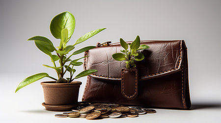 Wallet and coins and green sprout. A symbol of profit growth. good investment. Generative AI.の素材
