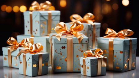 Many colorful gift boxes with bows. Generative AI.の素材