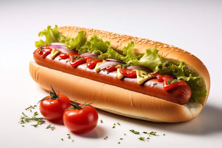 Hot dog with sausage on a white background.の素材