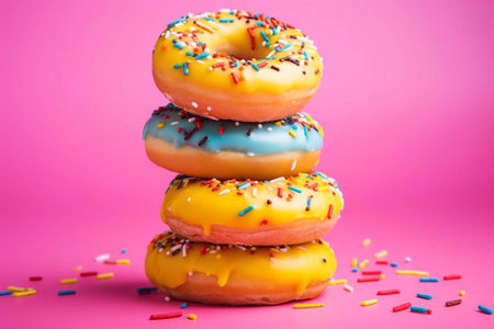 Colorful donuts on a pink background.の素材