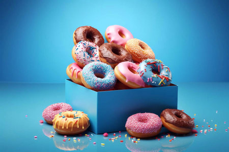 Colorful donuts in a box on a blue background.の素材