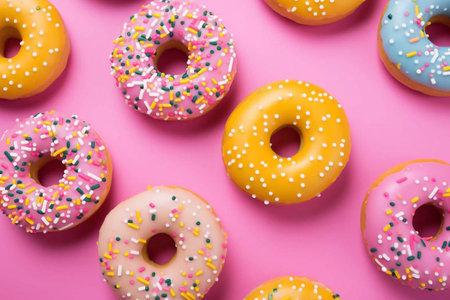 Colorful donuts on a pink background.の素材