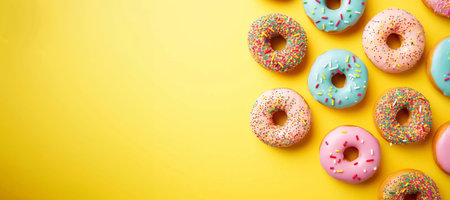 Colorful donuts on a yellow background. banner.の素材