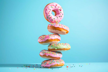 Colorful donuts on a blue background.の素材