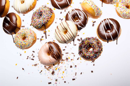 Donuts in flight on a white background.の素材