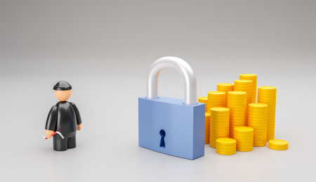 Thief is trying to steal money. Masked thief and money coins behind the lock. 3d render.の写真素材