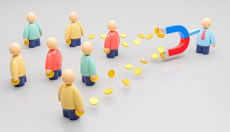 Magnet and coins. A magnet attracts money from customers. Investment attraction. 3d render.の写真素材