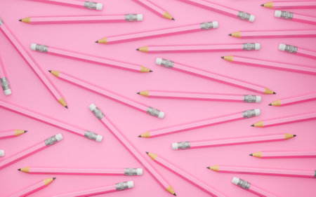 Pattern of pink pencils on a pink background.の写真素材